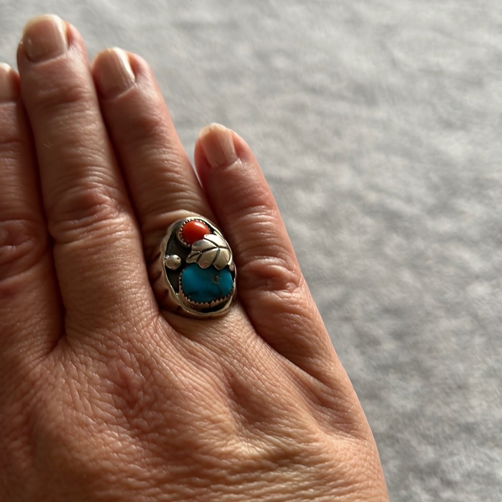 Silver Turquoise and Red Jasper Ring - size 7